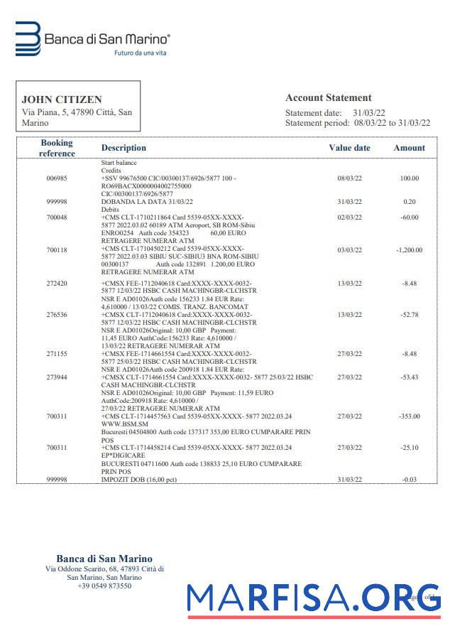 Downloadable San Marino Banca di San Marino bank statement word version 2 real example